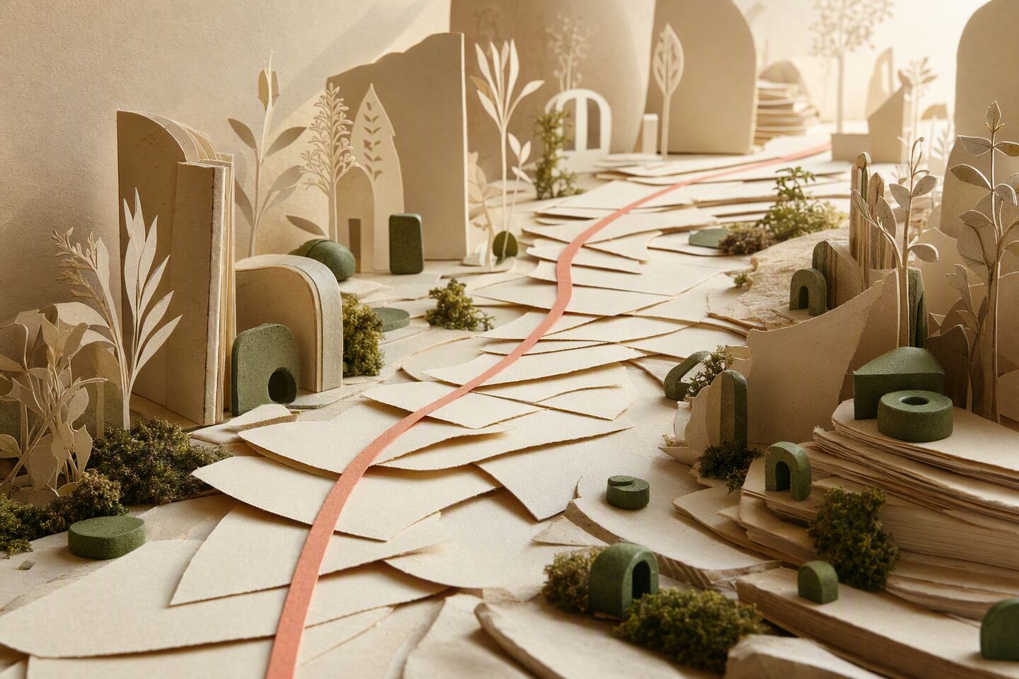 A surreal garden built from layered paper, with a coral ribbon gathering loose pages into one path